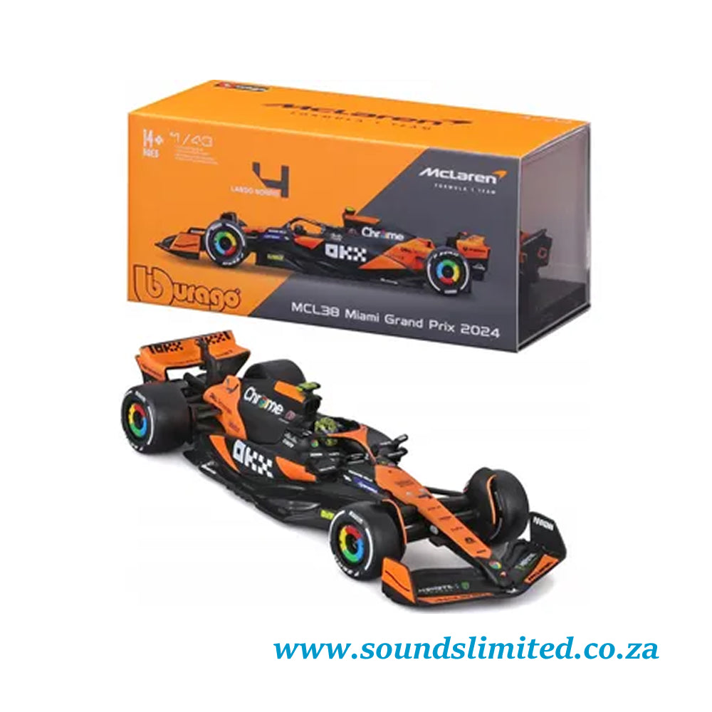 Bburago F1 McLaren MCL38 #4 Lando Norris Miami Grand Prix 2024 with Helmet 1/43 Scale 18-38215