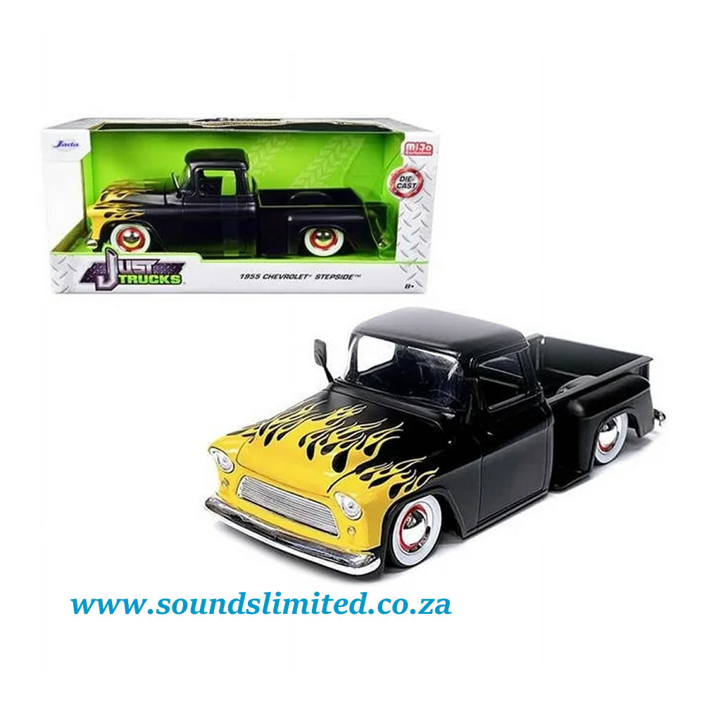 Jada Toys 1/24 1955 Chevrolet Stepside Pickup Truck Matt Black with Yellow Flames Just Trucks #34294
