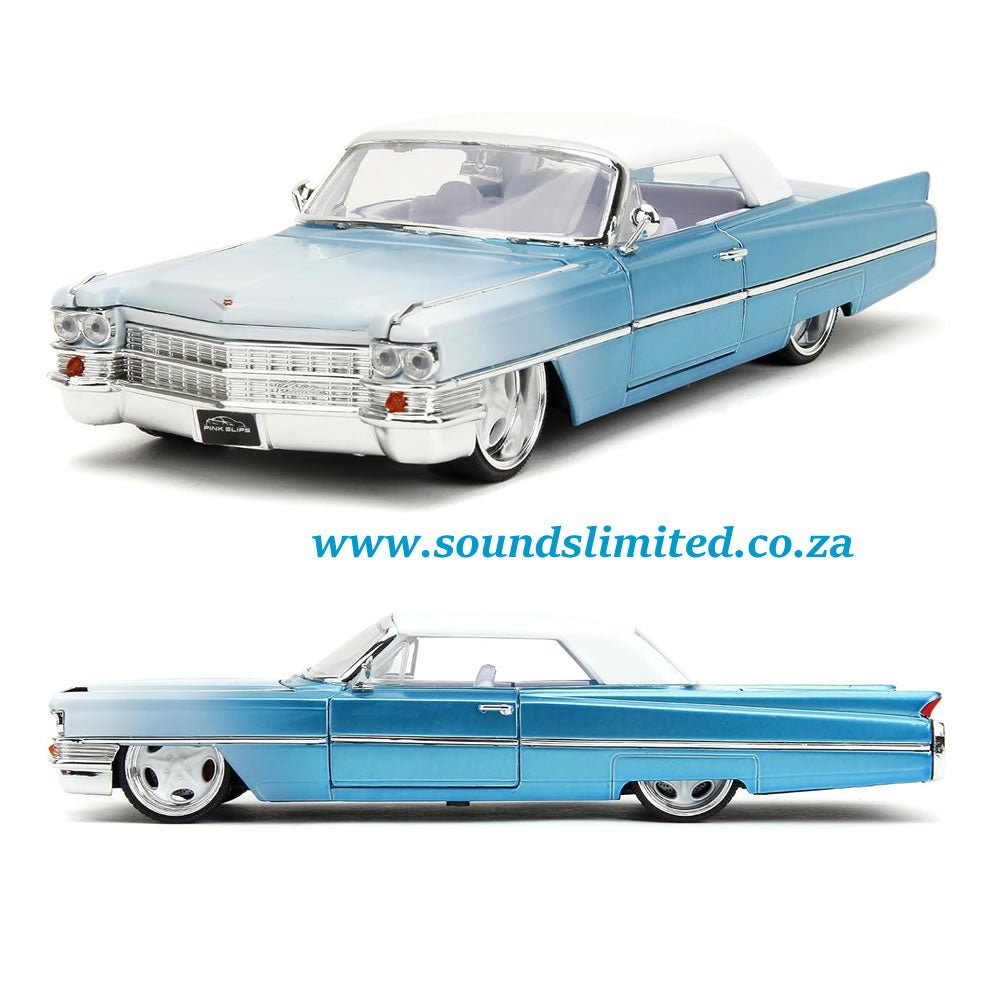 Jada Toys 1963 Cadillac Coupe DeVille Blue Metallic and White 1/24 Pink Slips #34897