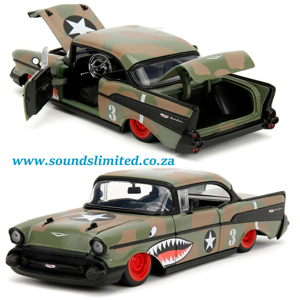 Jada 1/24 1957 Chevy Bel Air #3 Camouflage with Shark Mouth Graphics Bigtime Muscle - #35027