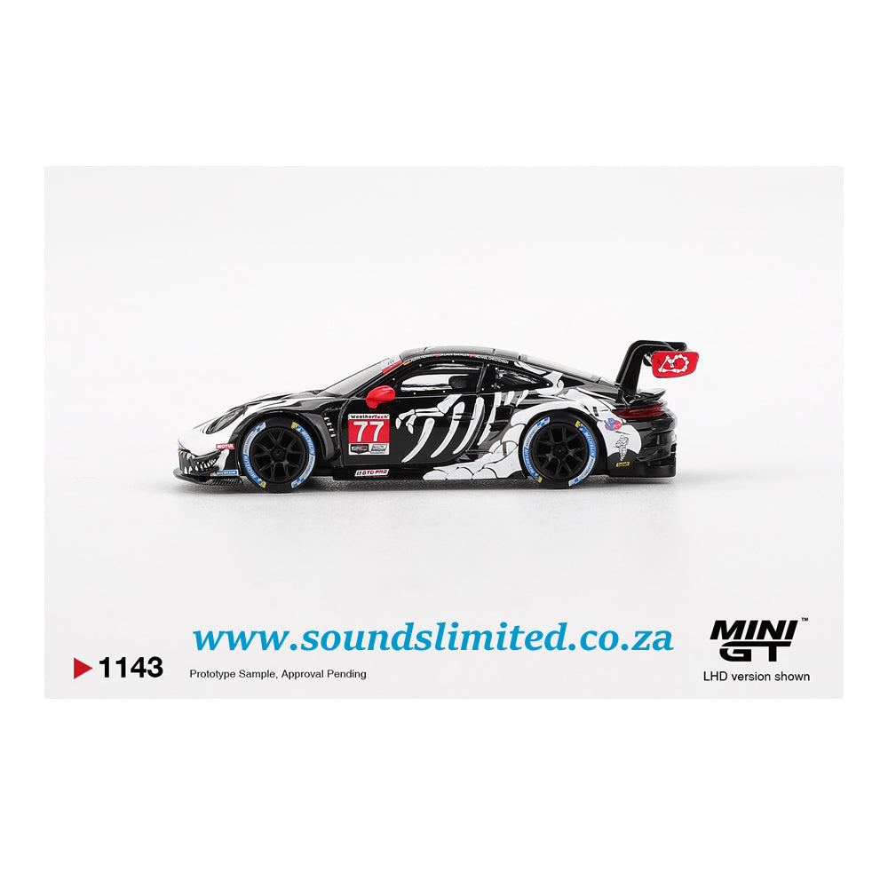 Mini GT #1143 Porsche 911 GT3 R #77 AO Racing 2025 IMSA Petit Le Mans Skeleton Rexy