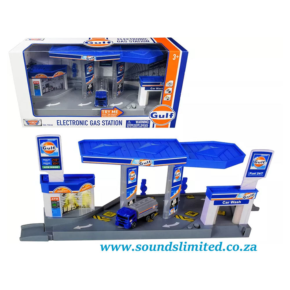 Motor Max Gulf Electronic Gas Station Diorama with Light and Sound and Tanker Truck 1/64 79638