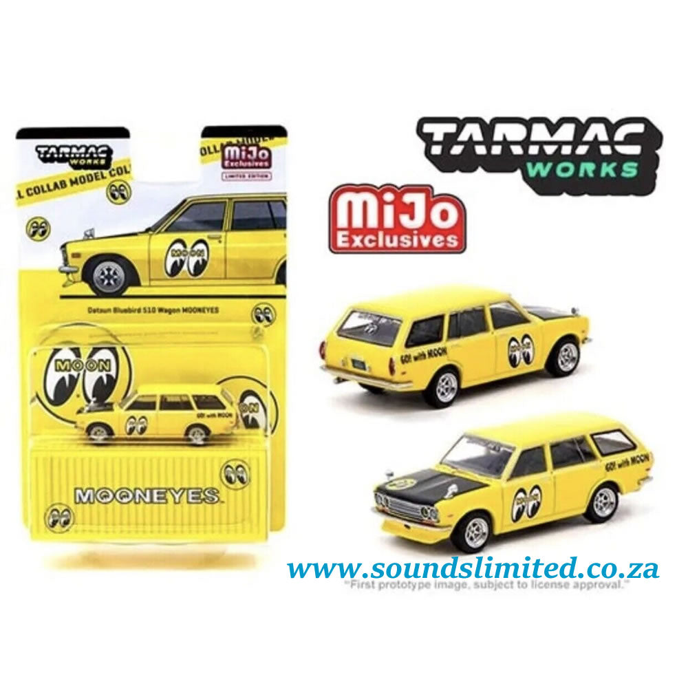 Tarmac Works Datsun Bluebird 510 Wagon Yellow with Black Hood "Mooneyes" Global64