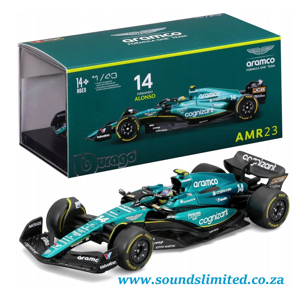 Bburago F1 Aston Martin AMR23 #14 Fernando Alonso with Helmet 1/43 Scale 18-38091