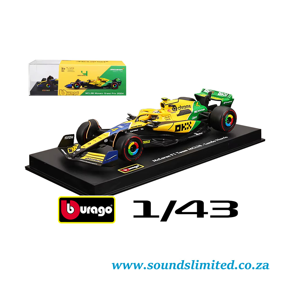 Bburago F1 McLaren MCL38 #4 Lando Norris Monaco Grand Prix 2024 with Helmet 1/43 Scale 18-38215-M
