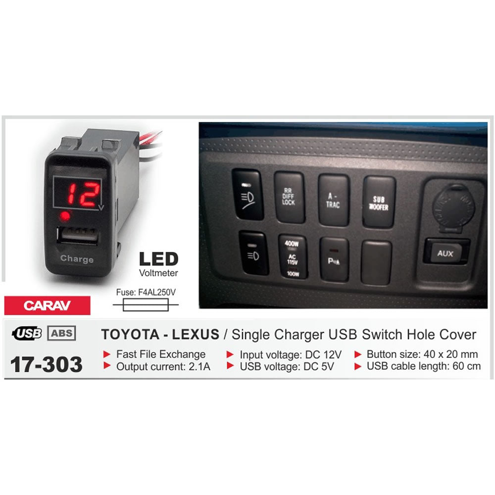 Carav 17-303 - Toyota / Lexus Single Charger USB with Voltmeter