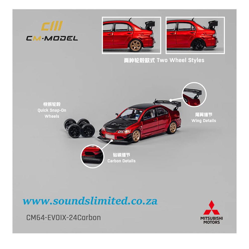 CM Model Mitsubishi Lancer Evolution IX RHD Red Metallic with Carbon Hood and Top with Extra Wheels CM64-EVOIX-24CARBON