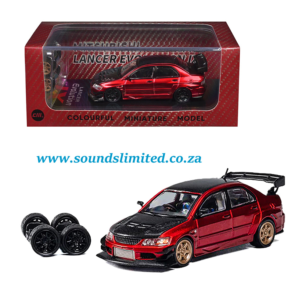 CM Model Mitsubishi Lancer Evolution IX RHD Red Metallic with Carbon Hood and Top with Extra Wheels CM64-EVOIX-24CARBON