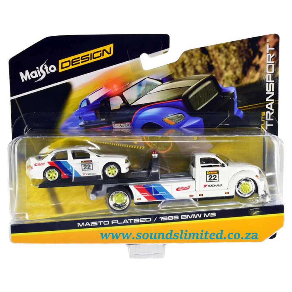 Maisto Flatbed Truck #22 1988 BMW M3 E30 #22 White with Stripes