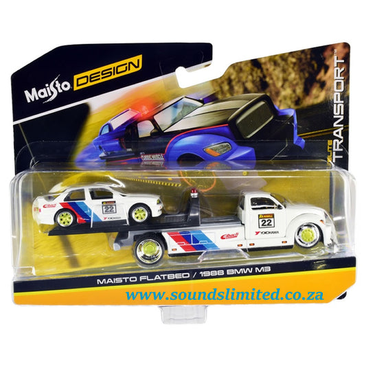 Maisto Flatbed Truck #22 1988 BMW M3 E30 #22 White with Stripes