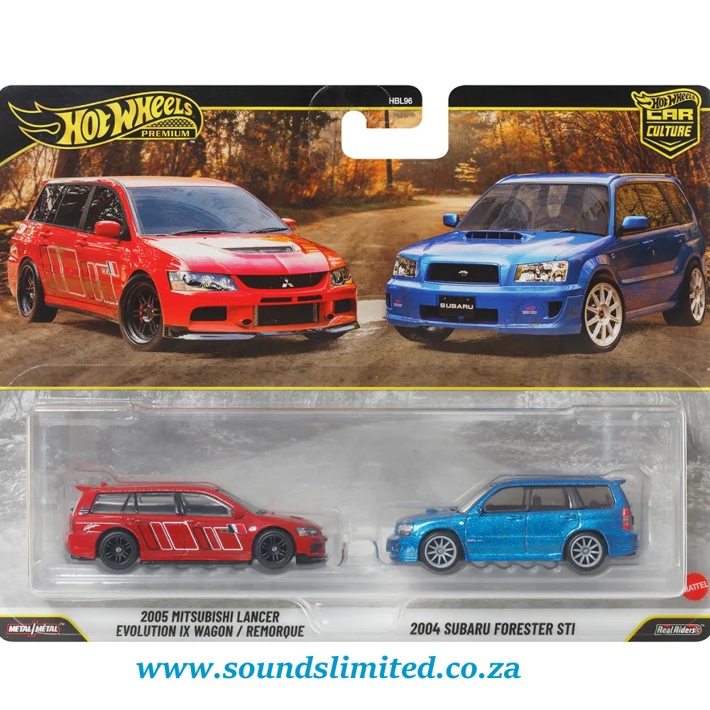 Hot Wheels Premium Twin Pack 2005 Mitsubishi Lancer Evolution IX Wagon & 2004 Subaru Forester STI JHW46