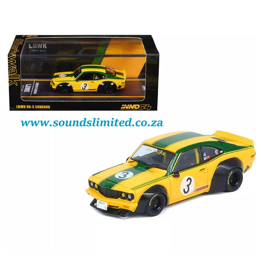 Inno64 Models 1/64 Mazda RX-3 Liberty Walk RHD #3 "Savanna" Yellow with Green Stripes