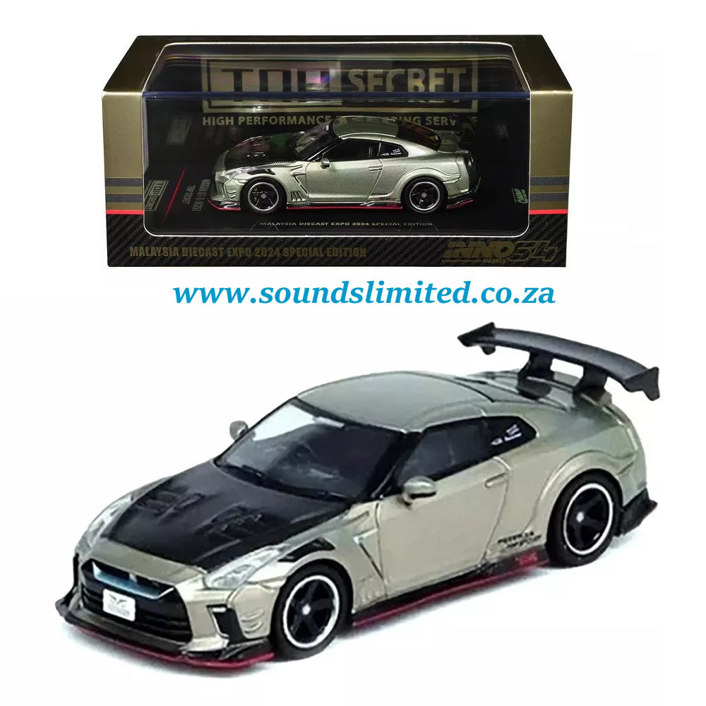 Inno64 Models 1/64 Nissan GT-R (R35) "Top Secret" RHD Light Green Metallic with Carbon Hood Die Cast Model Car