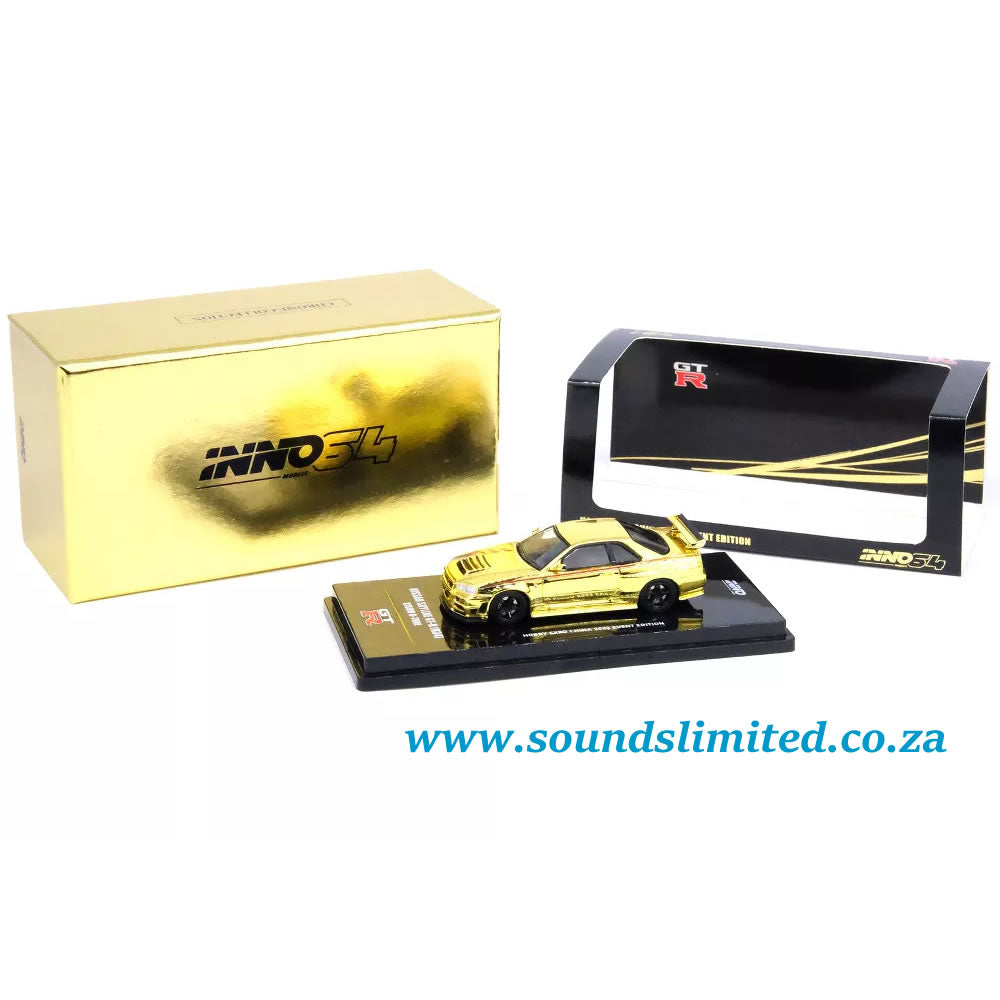 Inno64 Models 1/64 Nissan Skyline GT-R (R34) Nismo R-Tune RHD Gold Chrome Hobby Expo China 2023