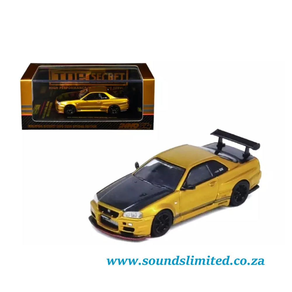 Inno64 Models 1/64 Nissan Skyline GT-R R34 "Top Secret" Tokyo Auto Salon 2024 Gold /Carbon Fiber Diecast Model Car