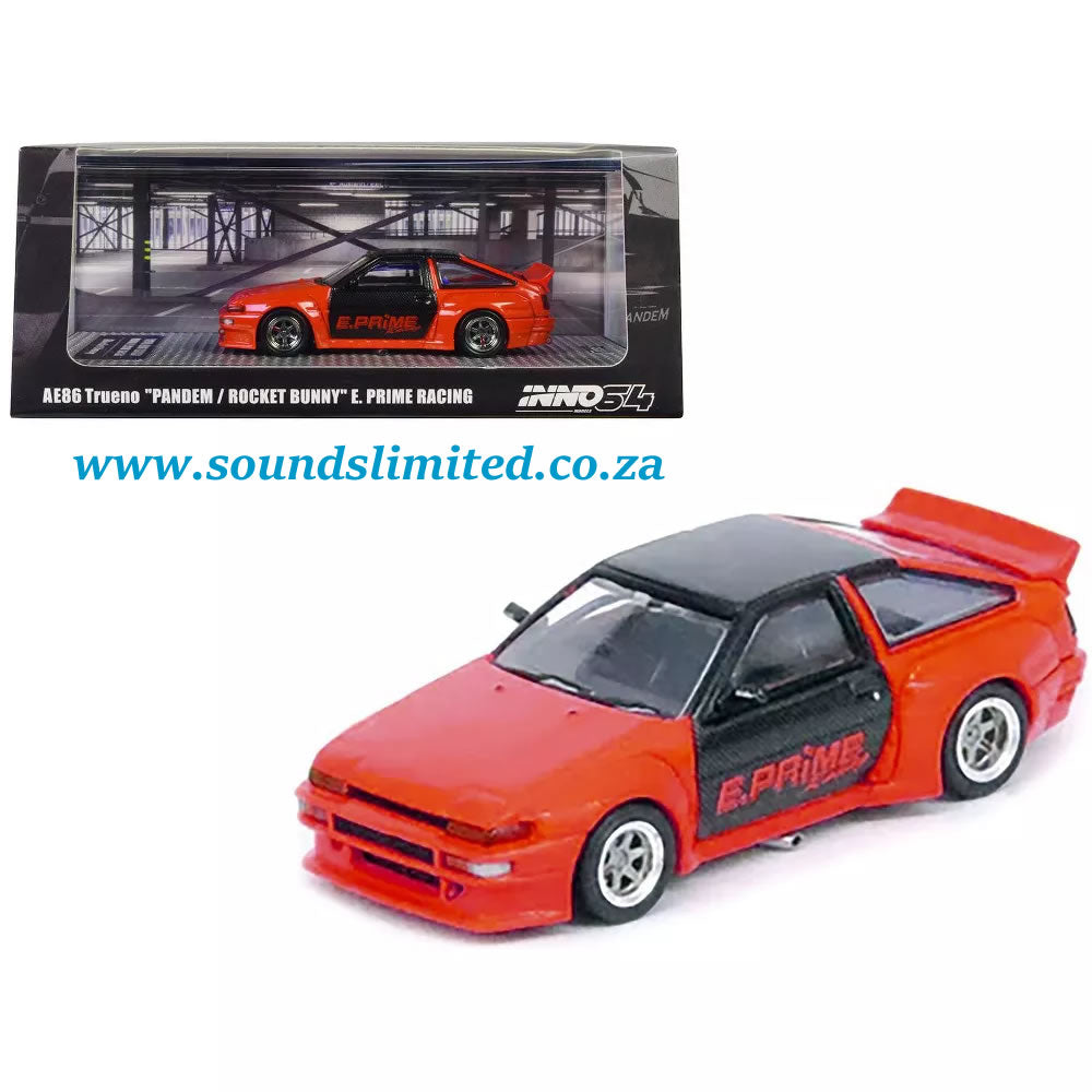 Inno64 Models 1/64 Toyota Corolla AE86 Trueno RHD Orange with Carbon Fibre Pandem Rocket Bunny E. Prime Racing - IN64-AE86P-EPR