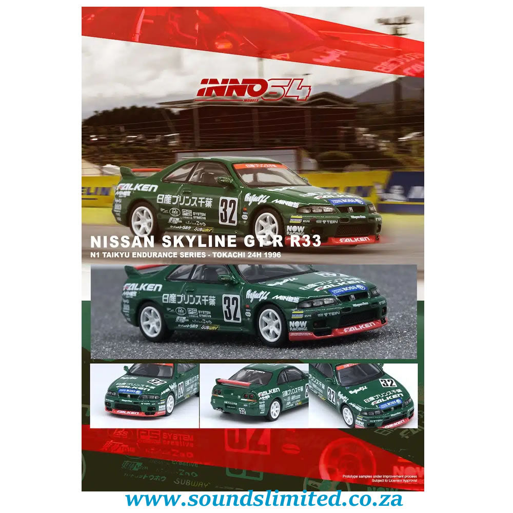 Inno64 1/64 Nissan Skyline GT-R R33 PRINCE CHIBA FALKEN IN64-R33R-N1896