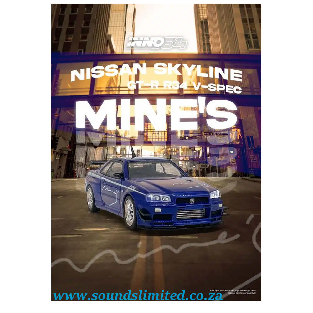 Inno64 Models 1/64 Nissan Skyline GT-R (R34) V-SPEC Tuned by “MINE’S” IN64-R34VS-MINES-BL
