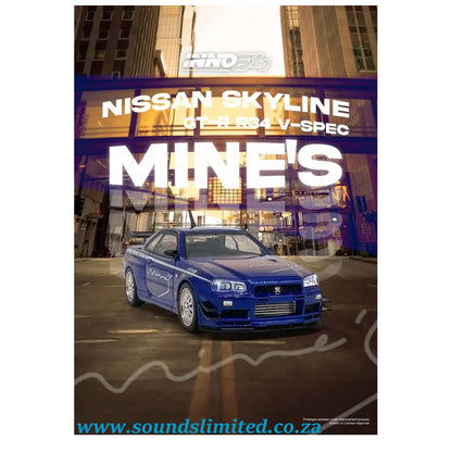 Inno64 Models 1/64 Nissan Skyline GT-R (R34) V-SPEC Tuned by “MINE’S” IN64-R34VS-MINES-BL