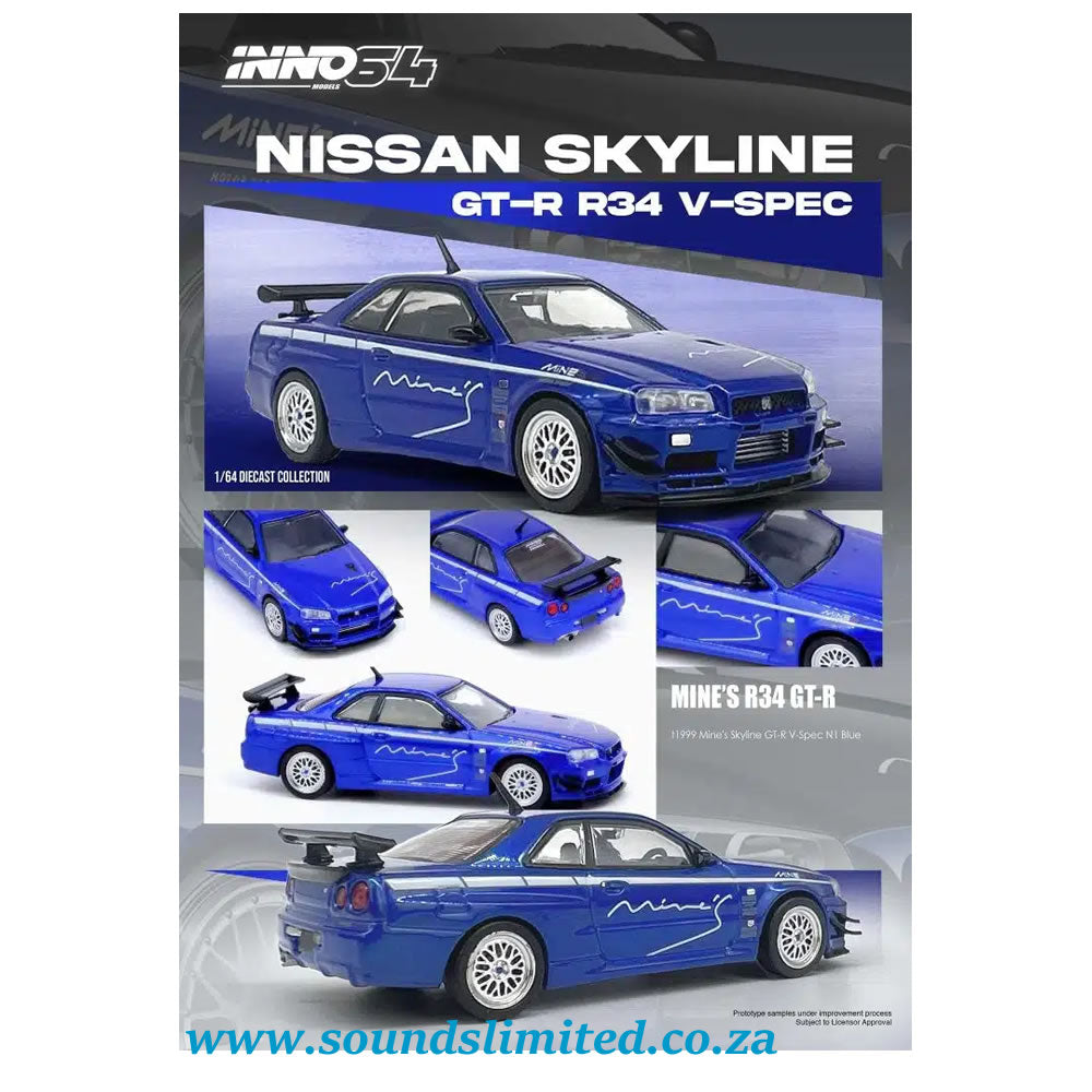 Inno64 Models 1/64 Nissan Skyline GT-R (R34) V-SPEC Tuned by “MINE’S” IN64-R34VS-MINES-BL