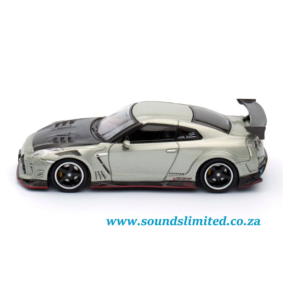 Inno64 Models 1/64 Nissan GT-R (R35) "Top Secret" RHD Light Green Metallic with Carbon Hood Die Cast Model Car
