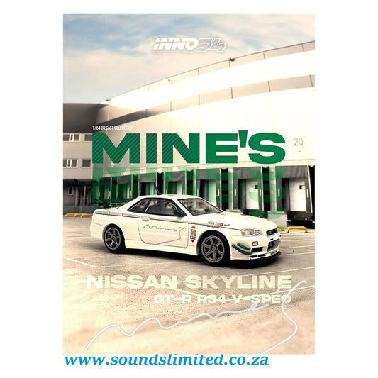 Inno64 Models 1/64 Nissan Skyline GT-R (R34) V-SPEC N1 RHD "Tuned by Mine's" White - IN64-R34VS-MINES