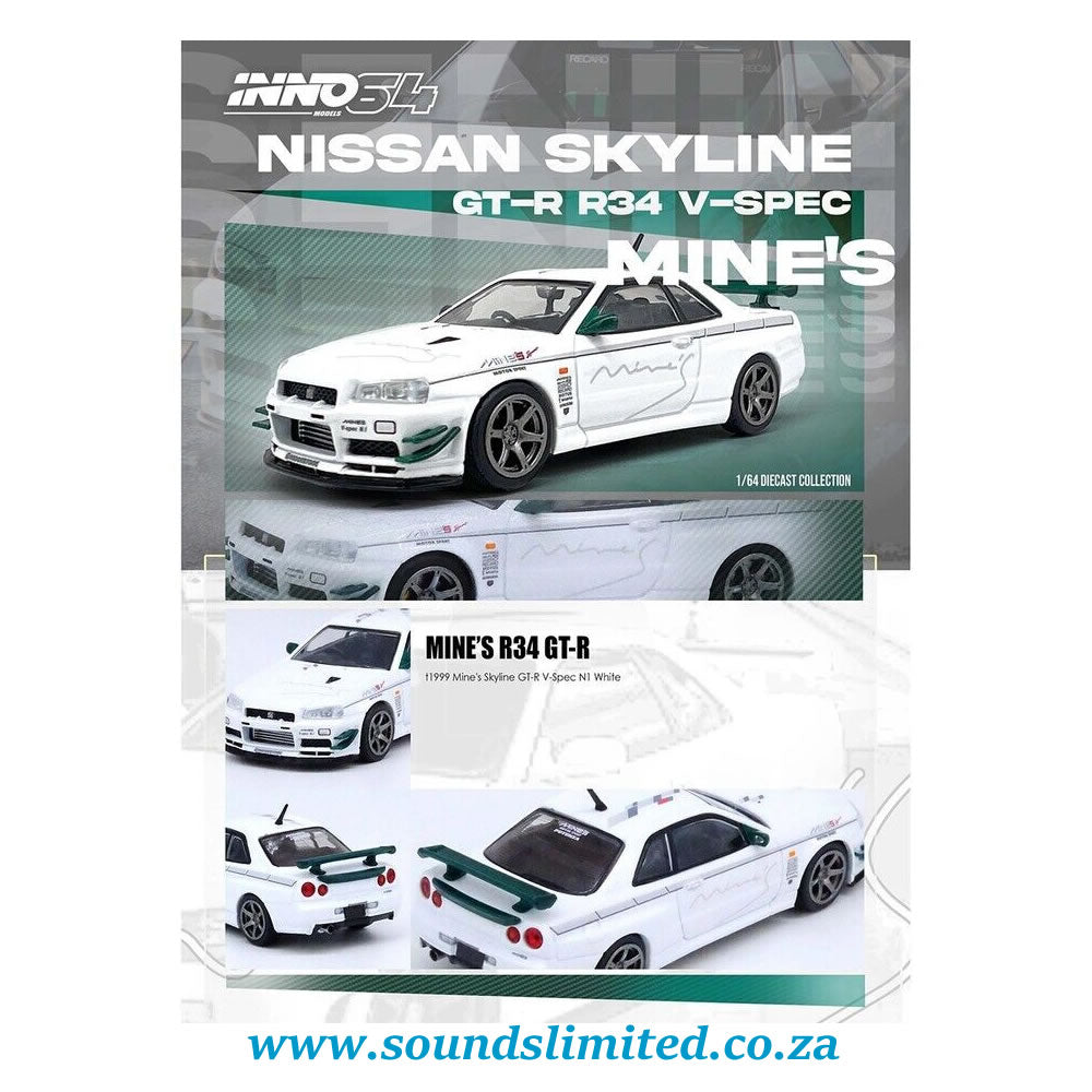 Inno64 Models 1/64 Nissan Skyline GT-R (R34) V-SPEC N1 RHD "Tuned by Mine's" White - IN64-R34VS-MINES