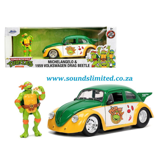 Jada Toys 1/24 1959 Volkswagen Drag Beetle & Michelangelo Figure Ninja Turtles 33741