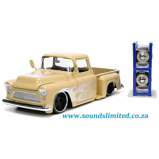 Jada 1/24 Just Trucks 1955 Chevy Stepside Pickup Truck Tan with White & Silver Flames & Extra Wheels - #34024