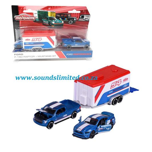 Majorette 212053111 - Race Trailer Set, Ford F-150 Raptor + Mustang GT