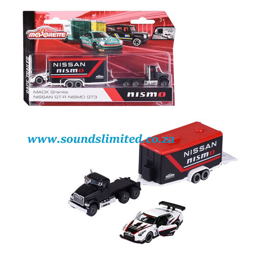 Majorette 212053111 Race Trailer Set Mack Granite + Nissan Nismo GT3 1:64