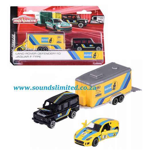 Majorette 212053111 Race Trailer Set, Land Rover Defender 110 + Jaguar F-Type