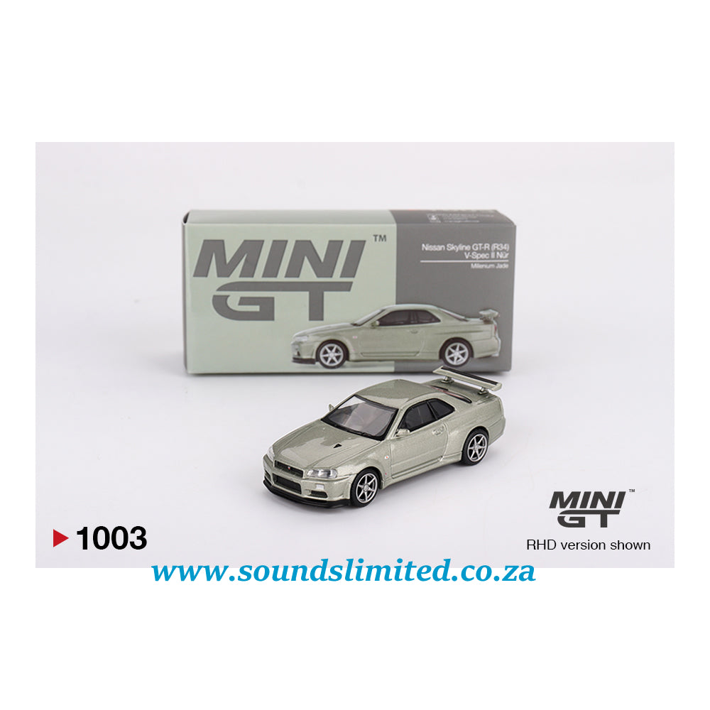 Mini GT #1003 Nissan Skyline GT-R (R34) V-Spec II Nür Millenium Jade