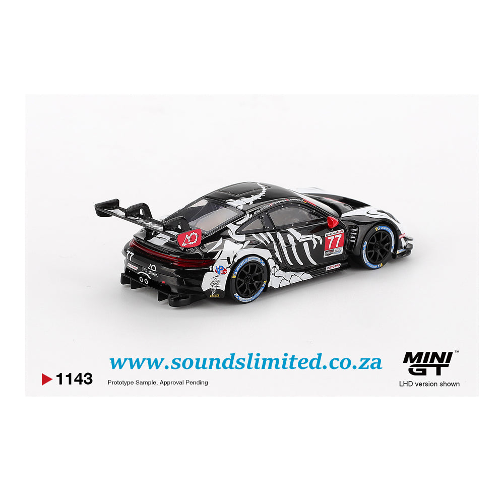 Mini GT #1143 Porsche 911 GT3 R #77 AO Racing 2025 IMSA Petit Le Mans Skeleton Rexy