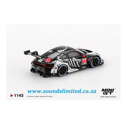 Mini GT #1143 Porsche 911 GT3 R #77 AO Racing 2025 IMSA Petit Le Mans Skeleton Rexy