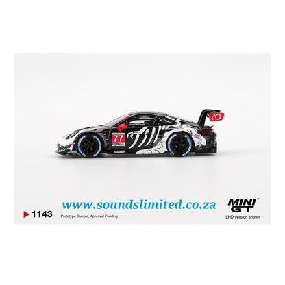 Mini GT #1143 Porsche 911 GT3 R #77 AO Racing 2025 IMSA Petit Le Mans Skeleton Rexy