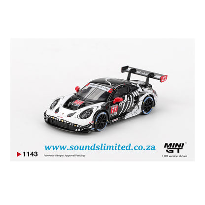 Mini GT #1143 Porsche 911 GT3 R #77 AO Racing 2025 IMSA Petit Le Mans Skeleton Rexy