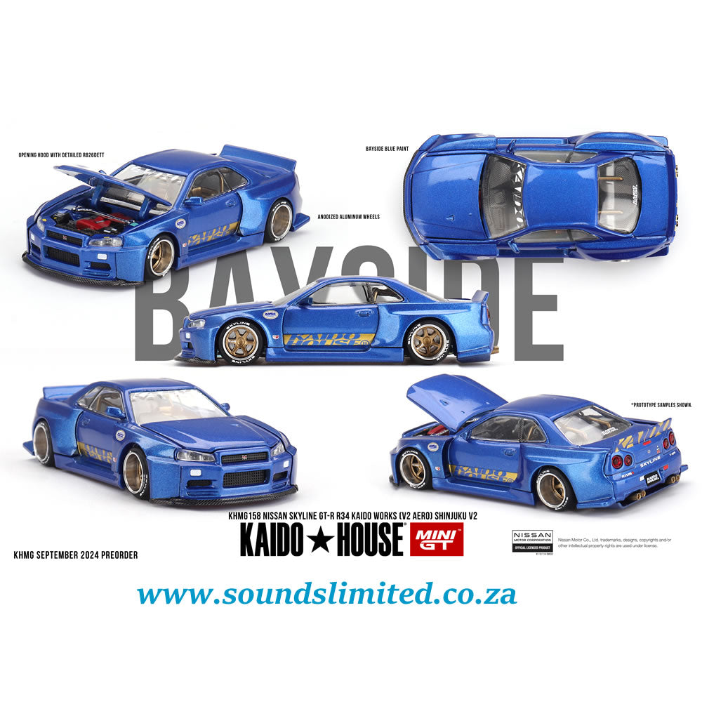 Mini GT x Kaido House #158 Nissan Skyline GT-R (R34) Kaido Works (V2 Aero) SHINJUKU V2