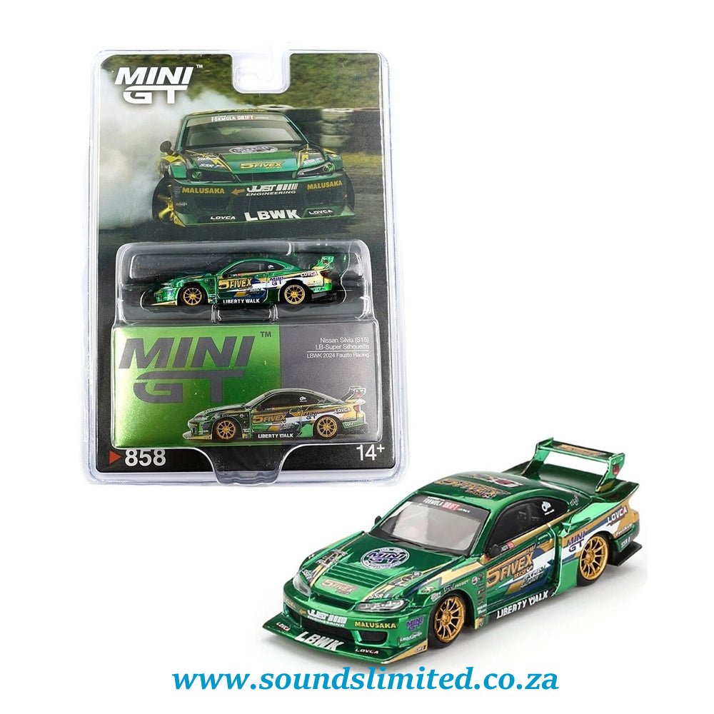 Mini GT #858 Nissan LB-Super Silhouette S15 SILVIA LBWK 2024 Fausto Racing Blister Packaging
