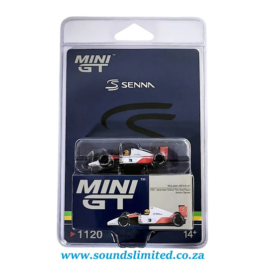 Mini GT #1120 McLaren MP4/6 #1 Ayrton Senna 1991 Japanese Grand Prix 2nd Place Blister