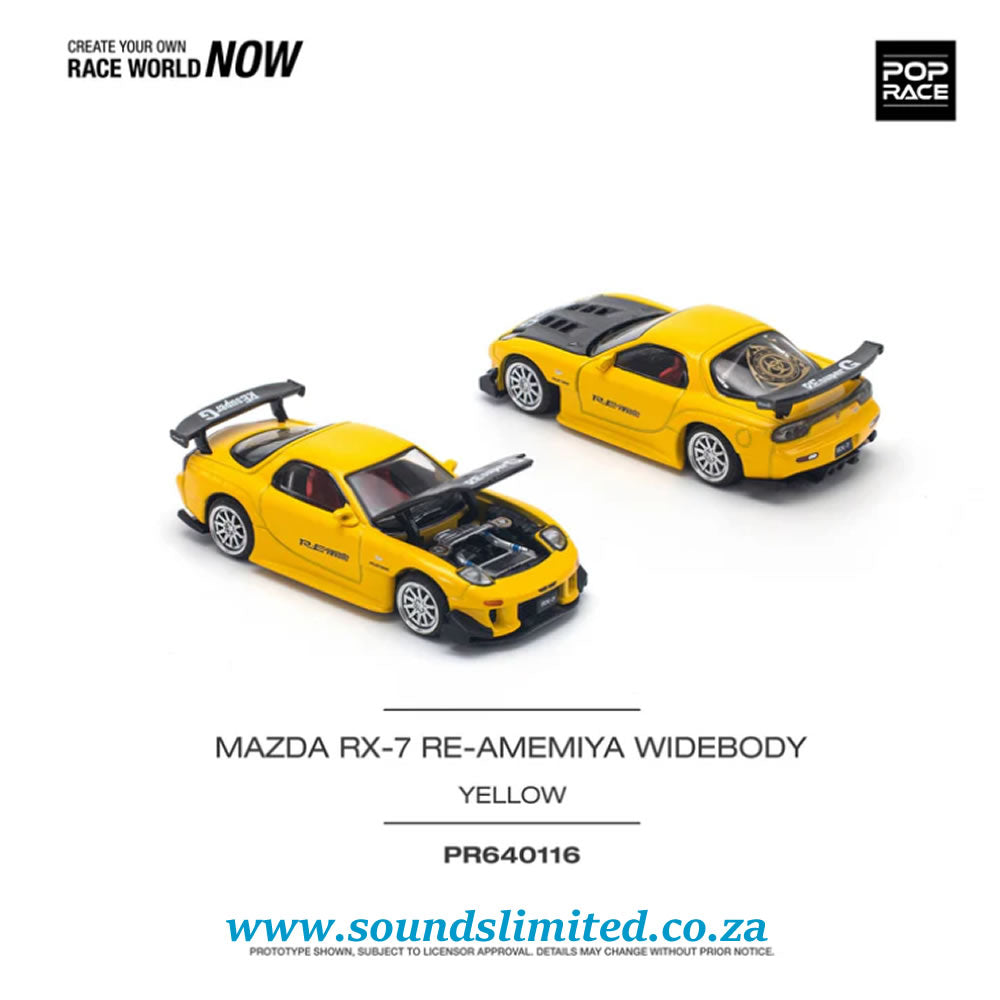 Pop Race 1/64 Mazda RX-7 (FD3S) Re-Amemya Widebody Yellow PR64-116