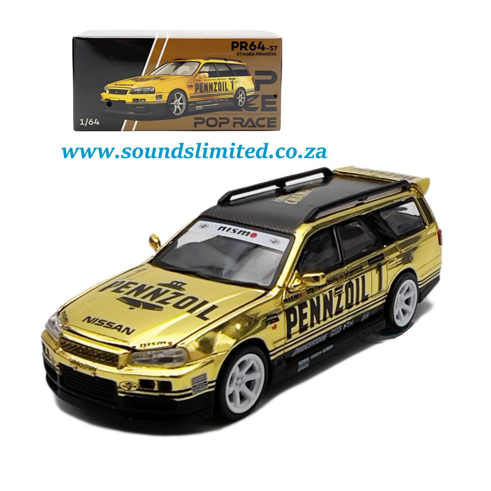 Pop Race PR64-57 Nissan Stagea #1 "Pennzoil" Gold Chrome with Carbon Top 1/64