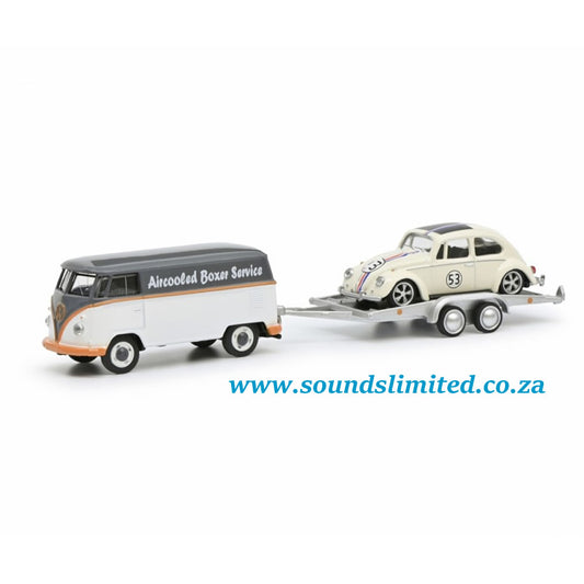 Schuco Volkswagen VW T1 with Trailer and VW Beetle 3-Car Set: #53 1:64
