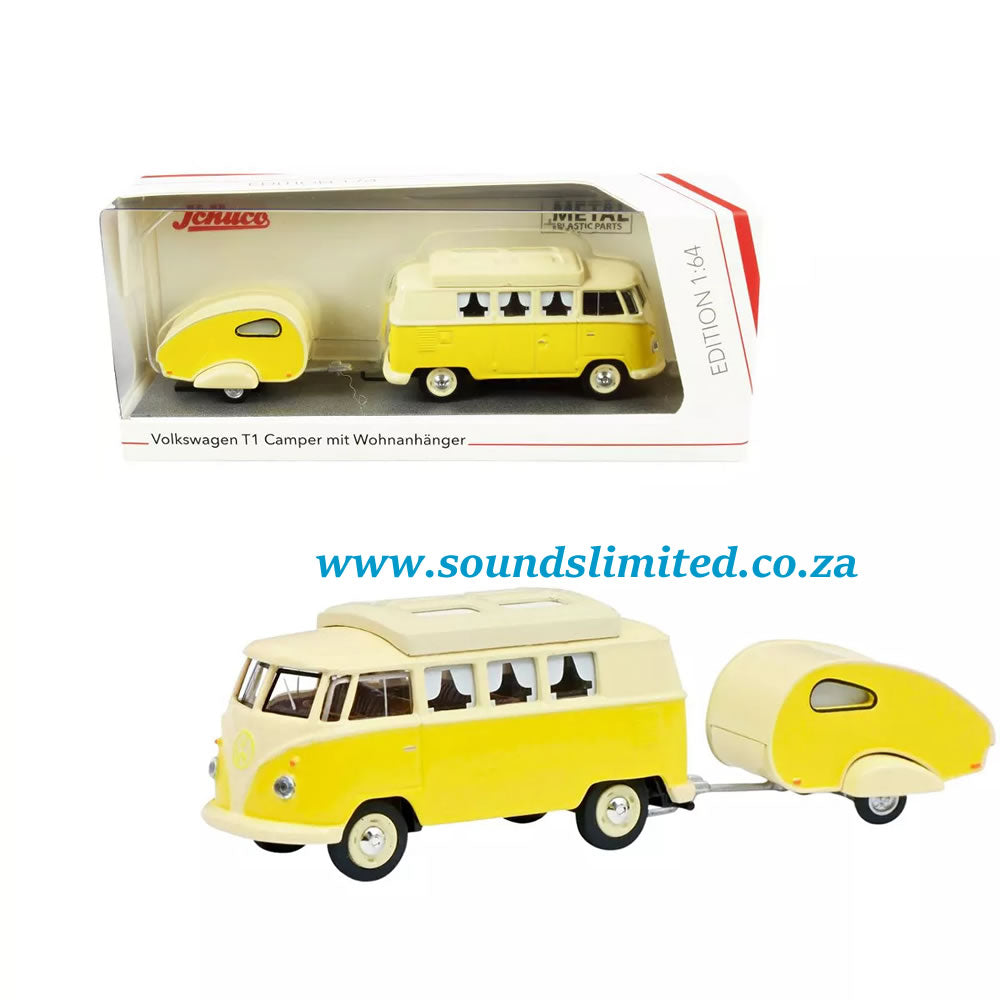 Schuco Volkswagen T1 Camper Bus with Travel Trailer Yellow and Cream 1/64