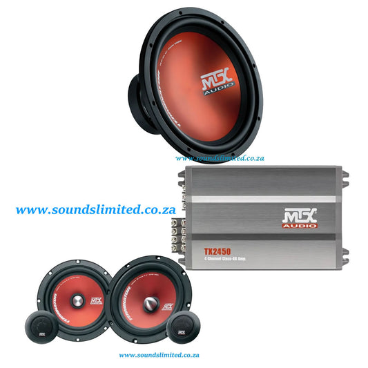 MTX Terminator Audio Combo TX2450 Amplifier + TR65S 6.5″ Split System +  TR12-04 12'  Subwoofer