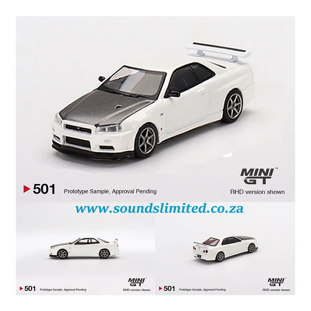 MiniGT #501 Nissan Skyline GT-R R34 V-Spec II N1 White 1/64 (BLISTER PACK)  – Sounds Limited